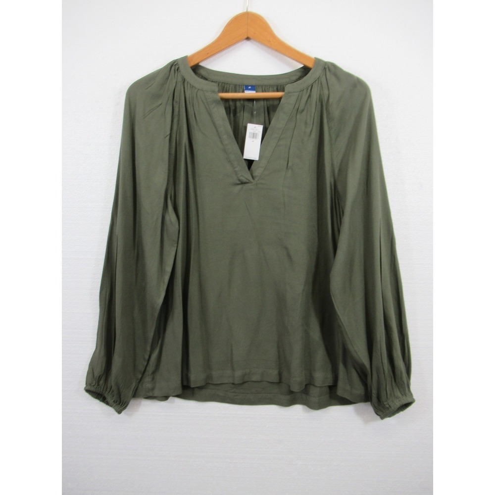 NEW Old Navy Popover Blouse Women Medium Green V-Neck Long Sleeve